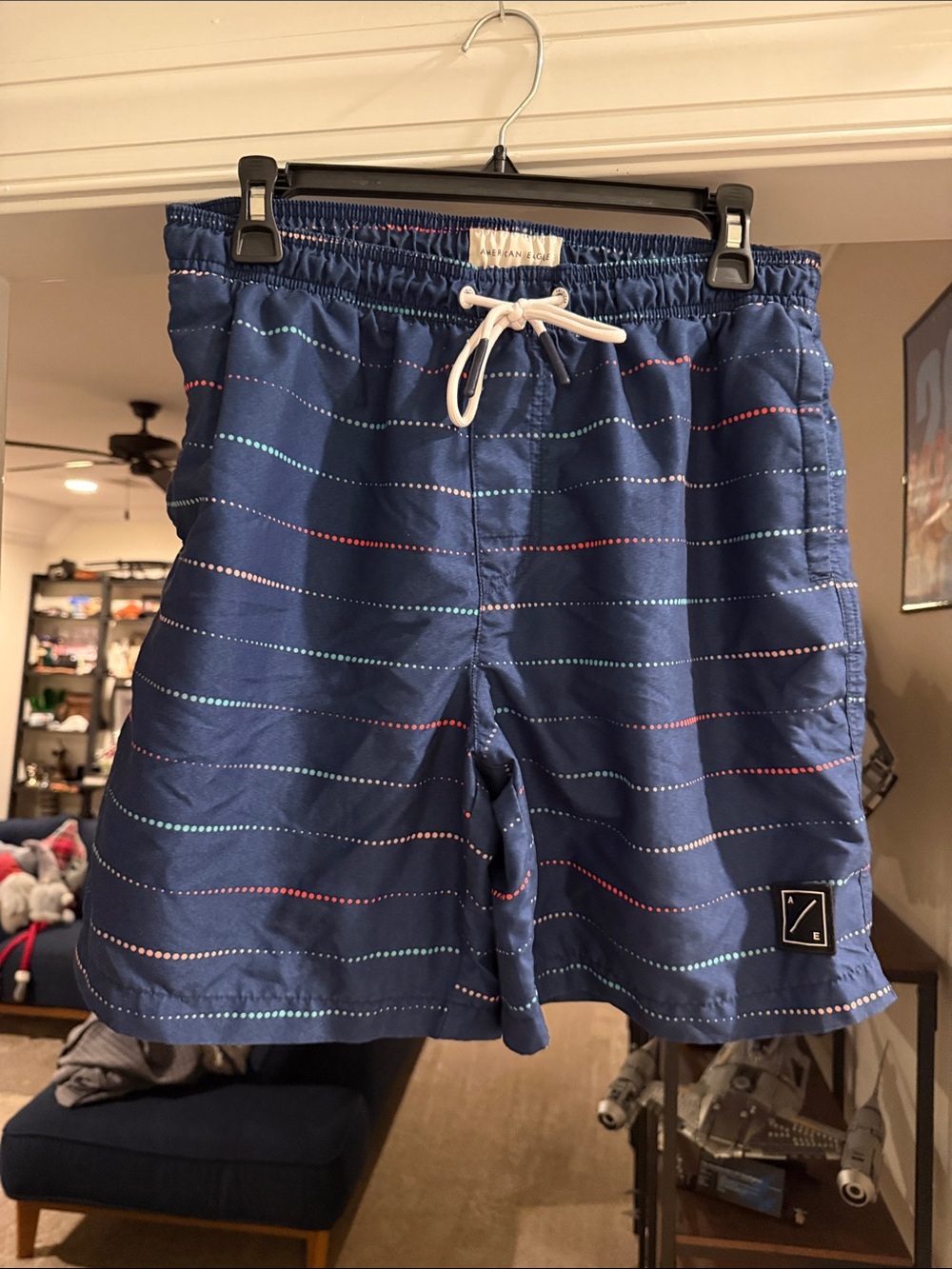 American Eagle Outfitters Navy Blue Swim Trunks with Multicolor Dotted Stripes